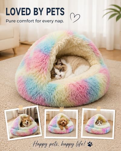 Cat Bed Round Plush Fluffy Hooded Cave (23.0"L x 23.0"W x 6.0"Th / Multicolor)