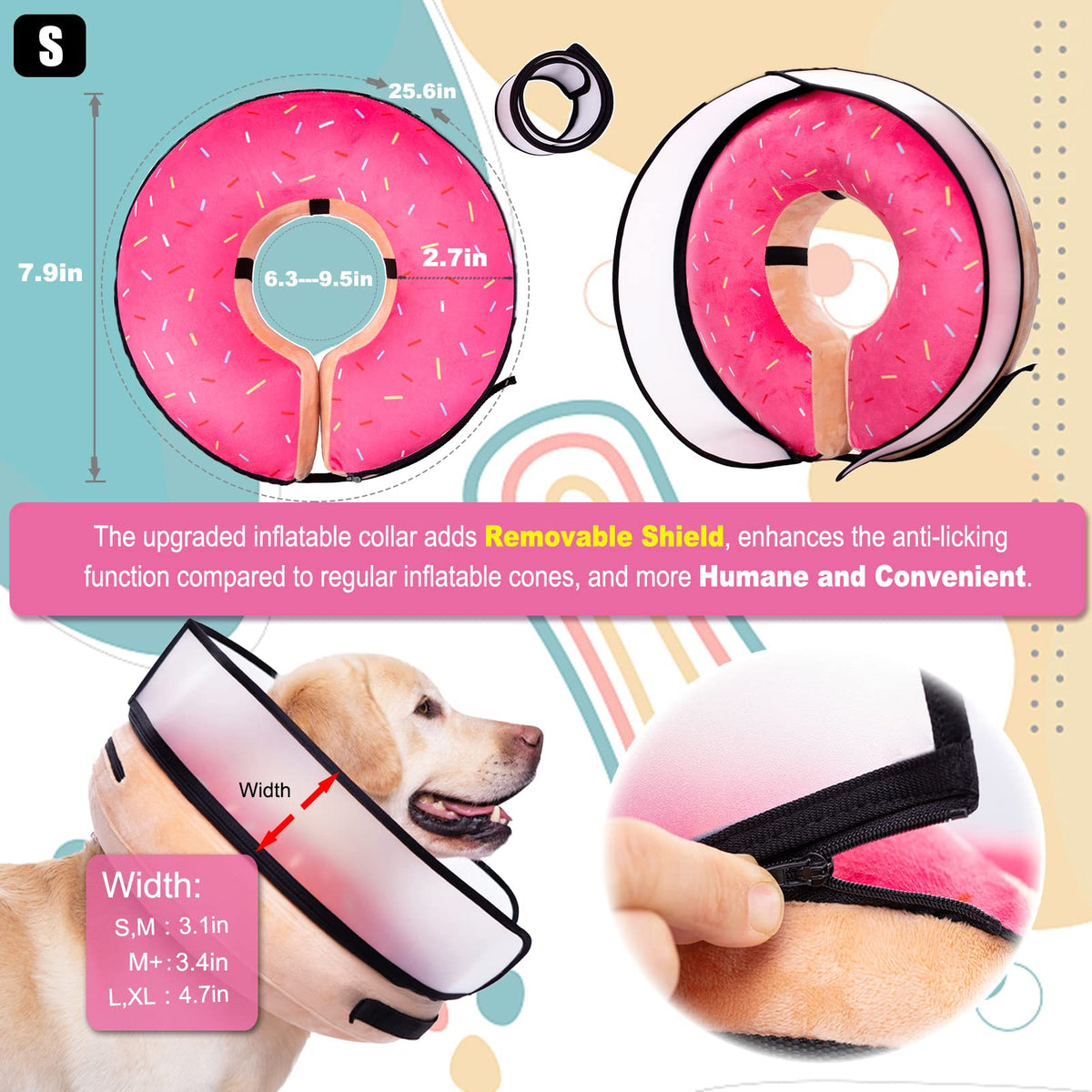 Inflatable Dog Cone Collar with Enhanced Anti (Small / Donut Pink)