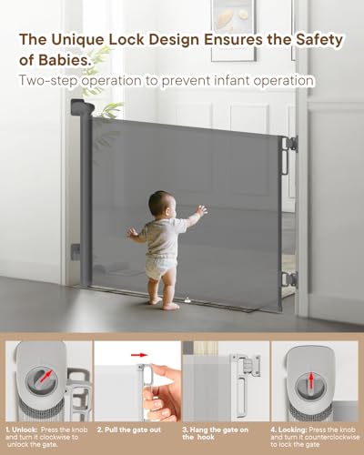 Retractable Baby Gates (Gray / 34" Tall x 55" Wide)