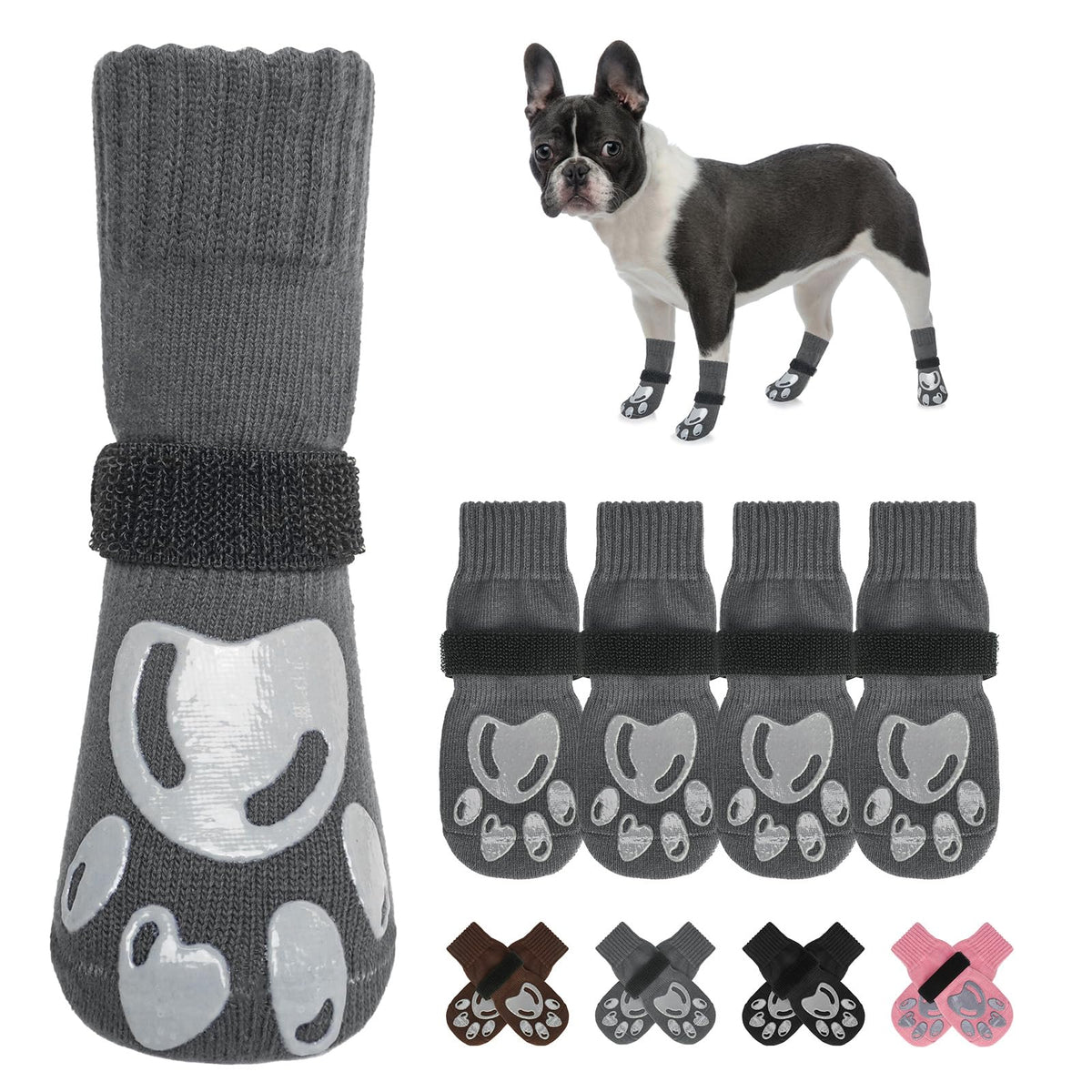 Dog Socks to Prevent Licking Paws Double Sided Grip Traction (Grey(paw) / S(1.8"-2.0" W | Pack of 4))