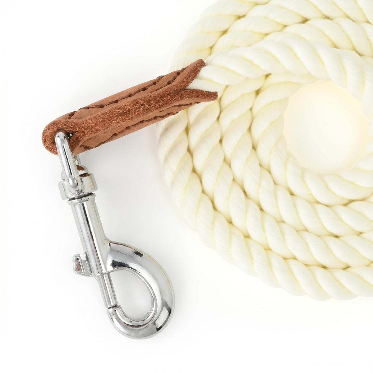 Dog Leash Braided Cotton Rope with Leather (Cream White / 60 Inch-1/2")