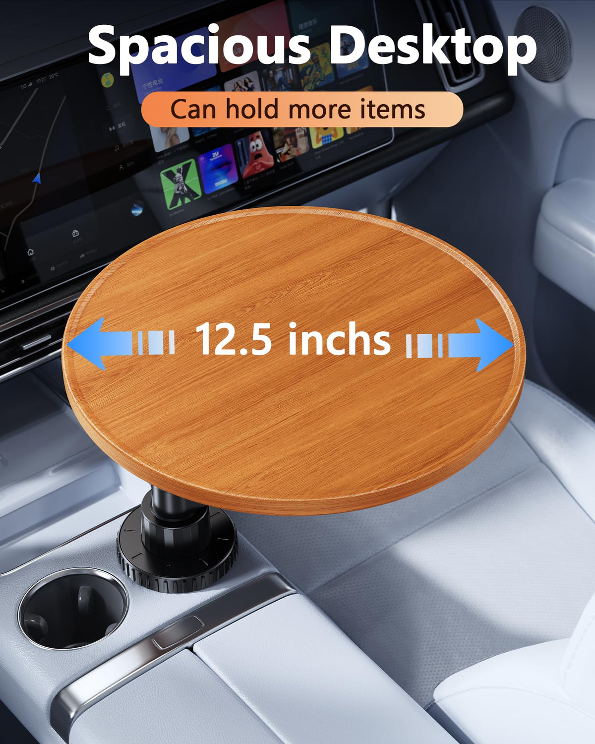 Tesla Model 3 Y Wood Car Cup Holder Tray Table for iPad Laptop Food (12.5"-Round Tray)