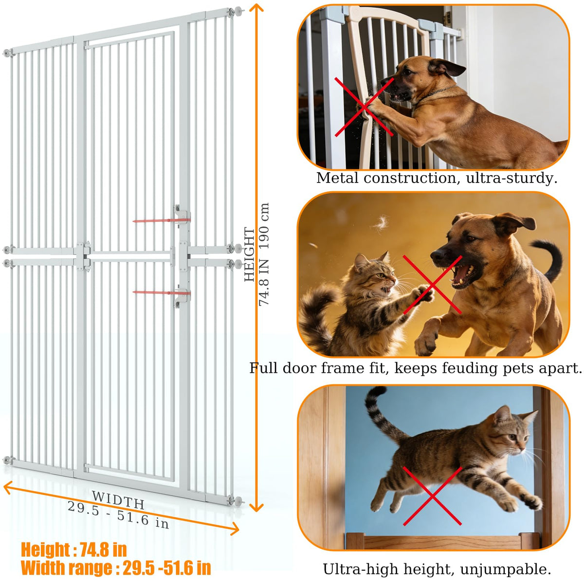 74.8" Extra Tall Pet Gate (White / 74.8" Tall, 29.5-51.6"WWide)