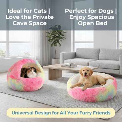 2-in-1 Convertible Cat & Dog Bed Cave with Removable Zipper Hood, Converts to Calming Donut Bed, Reversible Plush & Cooling Ice Silk Cushion (Rainbow Color, 19.7 in Small Size) (Rainbow Color / 19.7 in Small Size)