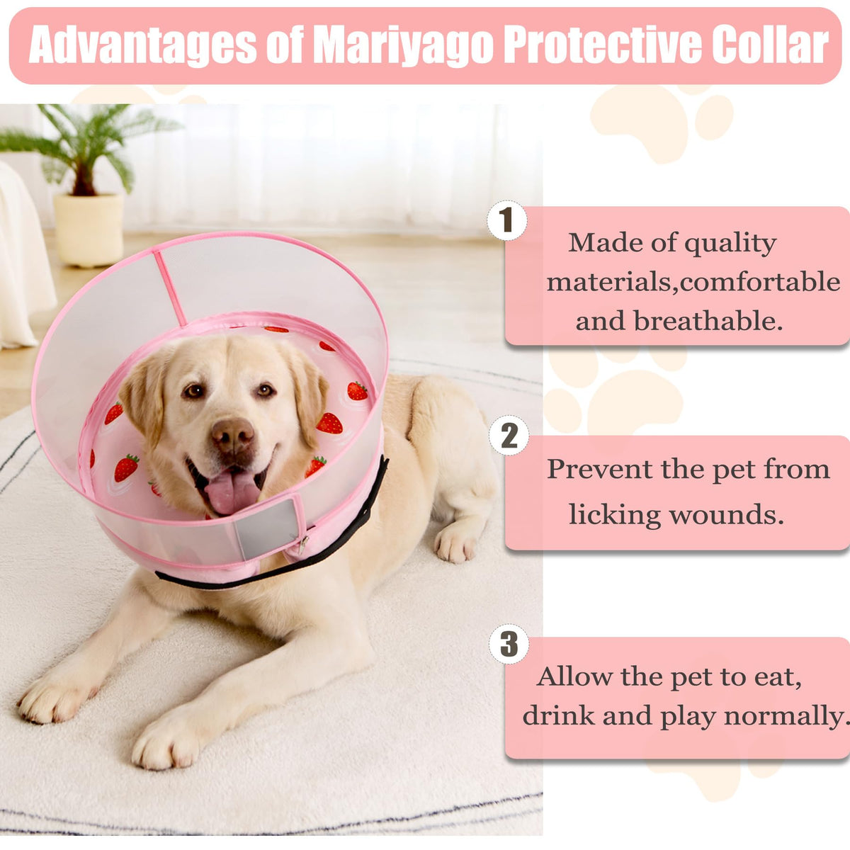 Inflatable Dog Cone Collar for Large Medium Small Dogs (Strawberry Print / Medium Plus)