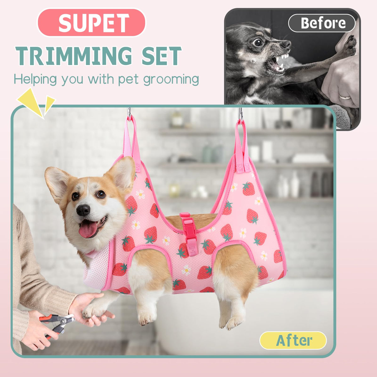 Cat Grooming Hammock (2XS（ Legs Spacing：3.7“-8.7" / Max W：4-8LBS） / Strawberry)