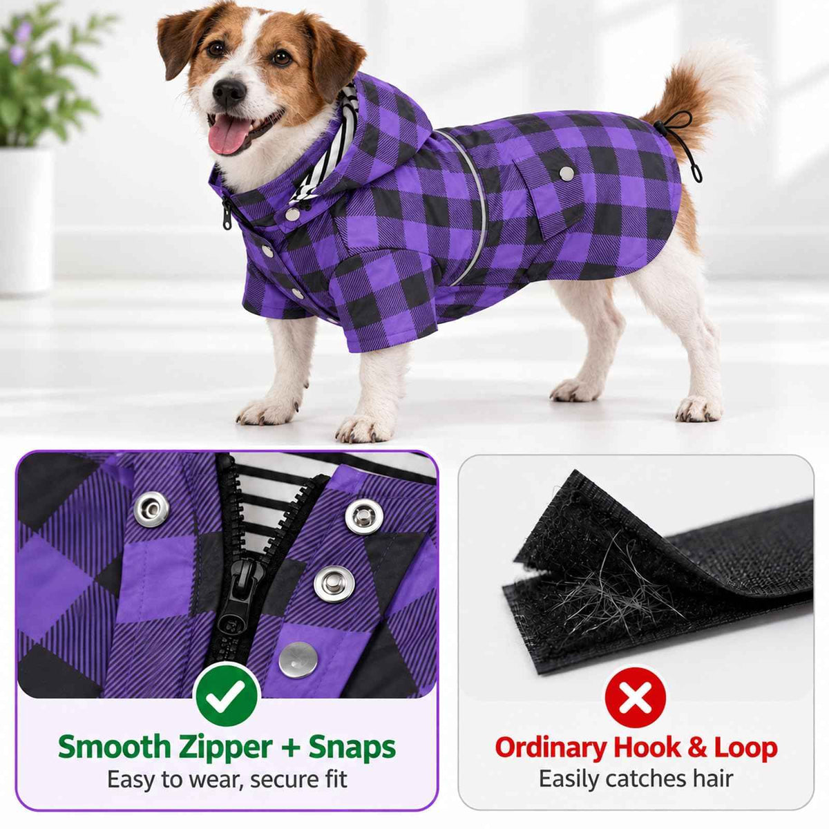 Dog Rain Coat Waterproof Raincoat Puppy Jacket with Buttons Zipper Hood Drawstring Fit for Yorkie Terrier Schnauzer Poodle Border Collie Labrador Golden Retriever 8lbs to 80lbs (X-Small / Purple/Black Paid)