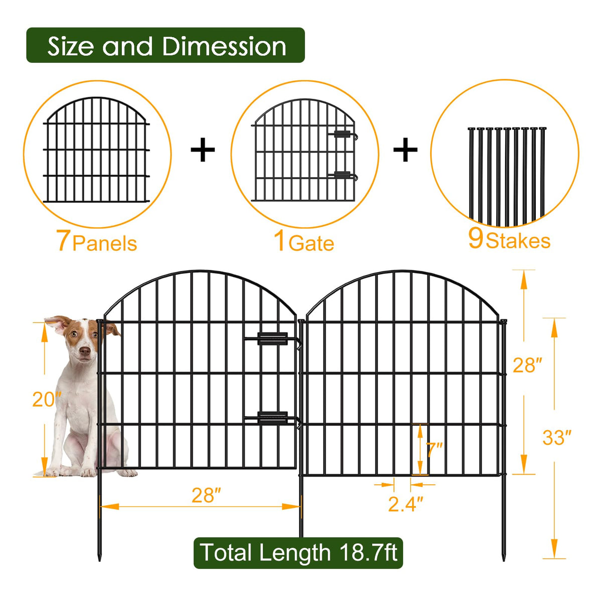 Metal Garden Fence with Gate 28 in x 18.7 ft (28"Hx18.7ft (Gate+7Panels))