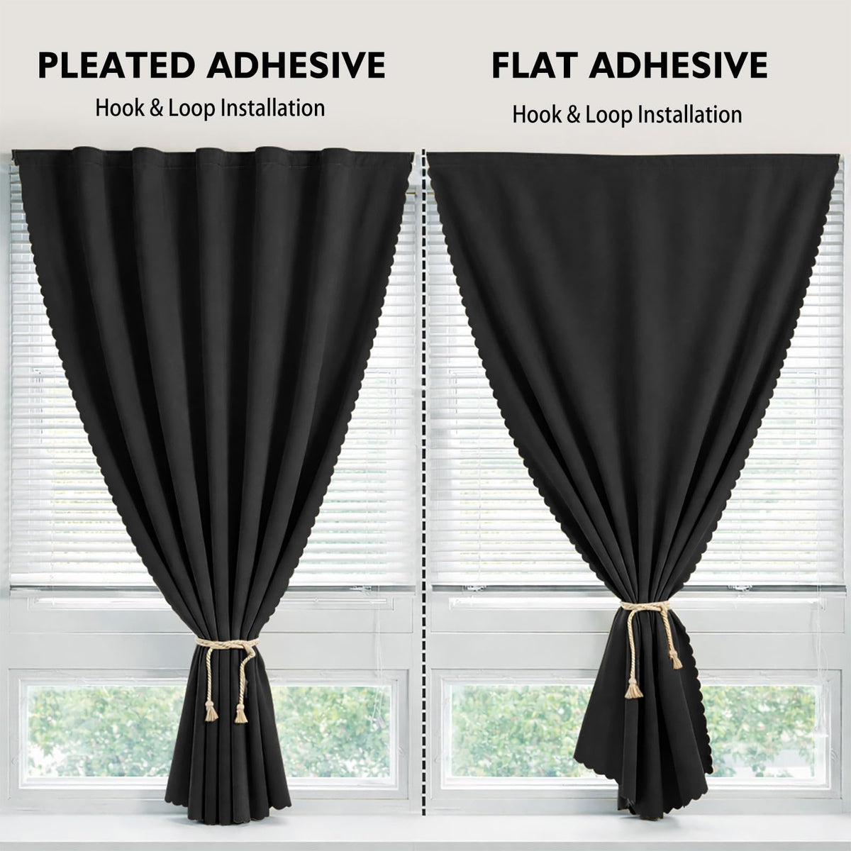 Magic Tape Stick on Curtains Blackout Curtains for Bedroom no Drillng Self Adhesive Curtain no Rod Small Window (Black / 35"W x 40"L (Pack of 2))