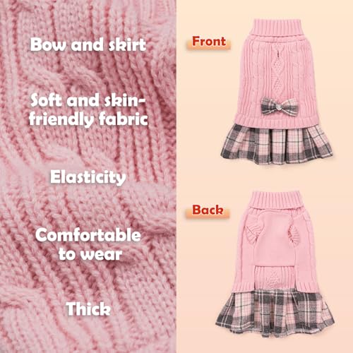 2 Pack Small Dog Sweater Dress with Bowtie Turtleneck (Medium (8-14lbs) / Grey+Pink)
