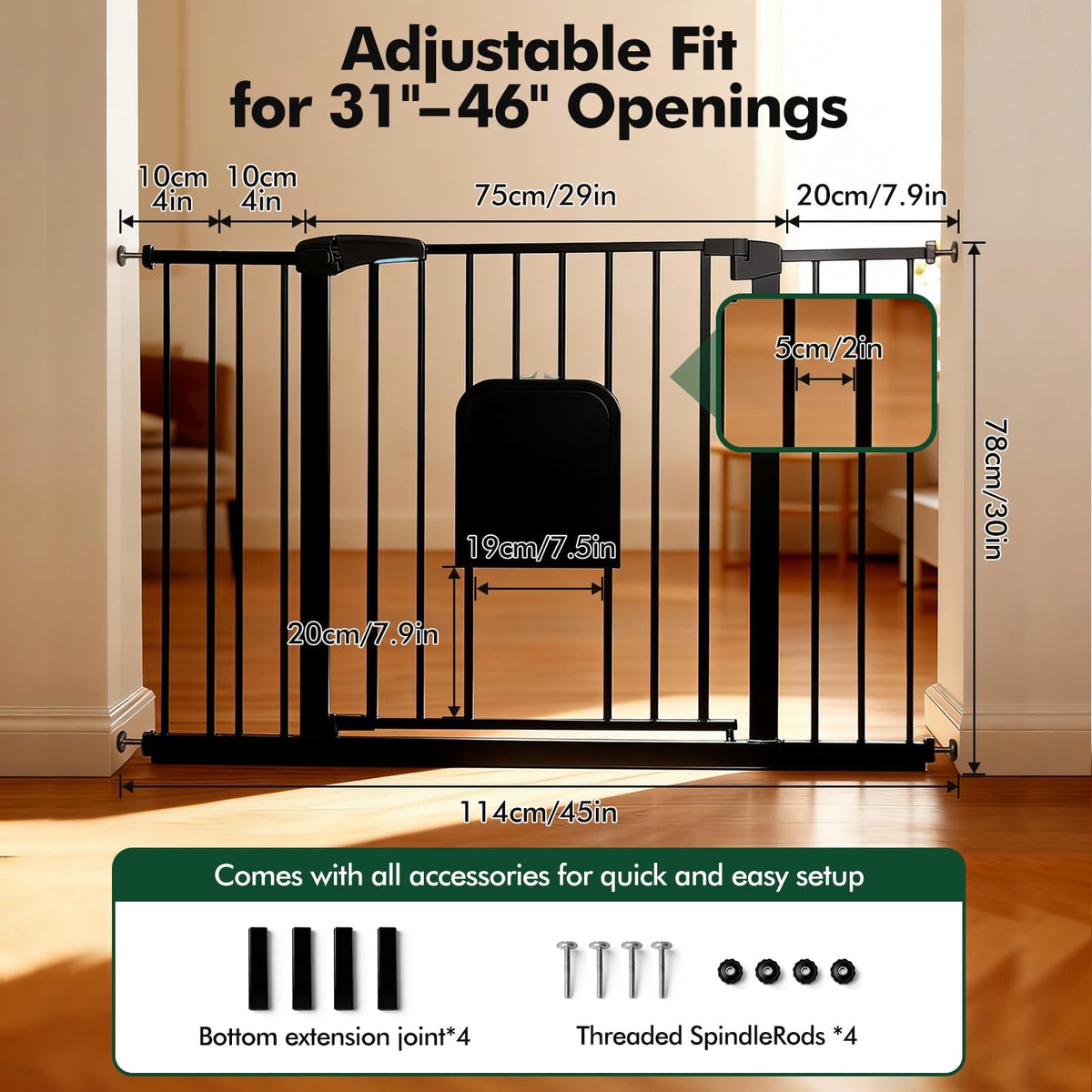 31 46“ Metal Pet Gate with Cat Door (Matte Black / 31-46"Wide,30"Tall)