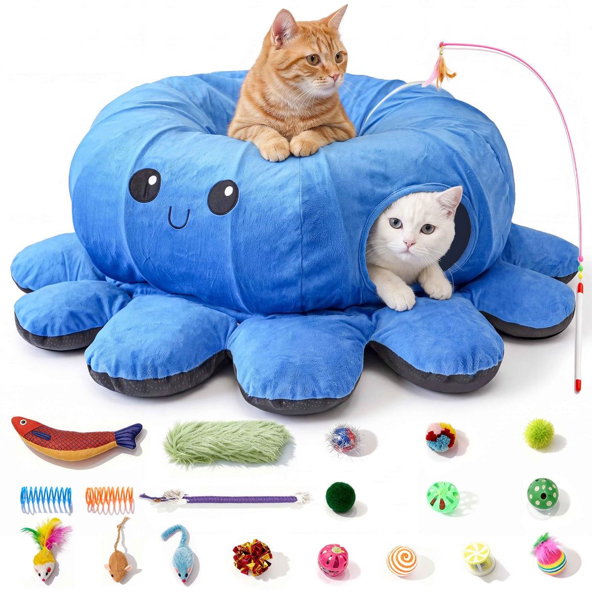 Cat Tunnel Bed with 20 Cat Toys (Blue / Large)