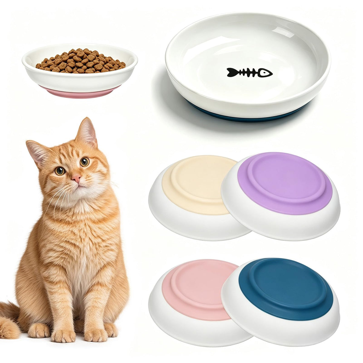 4 Pack Ceramic Cat Bowls with Silicone Base