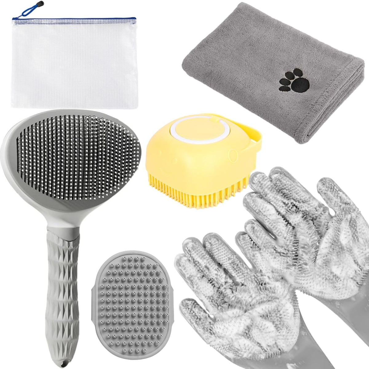 6-in-1 Grey Pet Grooming Kit: Hair Brush, Towel, Washing Gloves, Slicker Brush, and Shampoo Scrubber for Dogs and Cats (6-Bath-Grey)