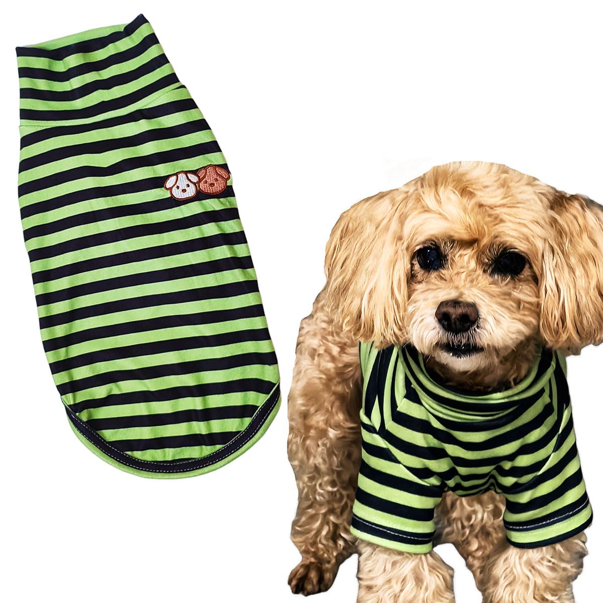 Turtleneck Dog Shirt Cute Doggie Embroidery Super Soft Dog Sweatshirt Stretchy Striped Puppy Pullover for Cats Small Medium Large Dogs (Green Striped / Large)