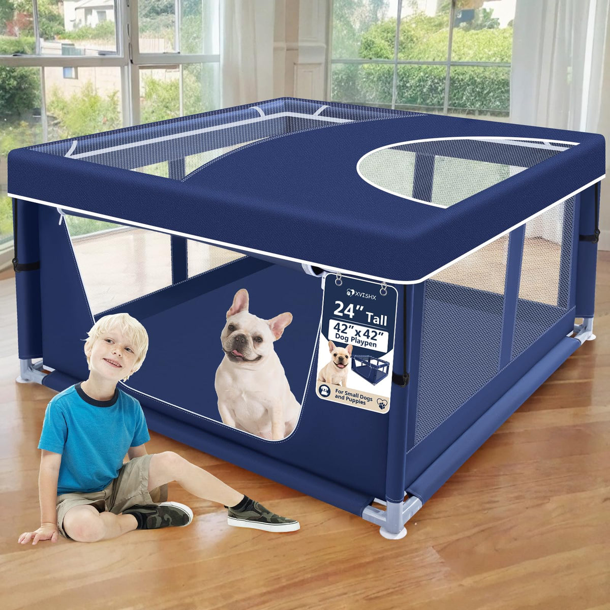 42x42 Inch Puppy Playpen with Cover (Blue / 42x42 IN With Cover)