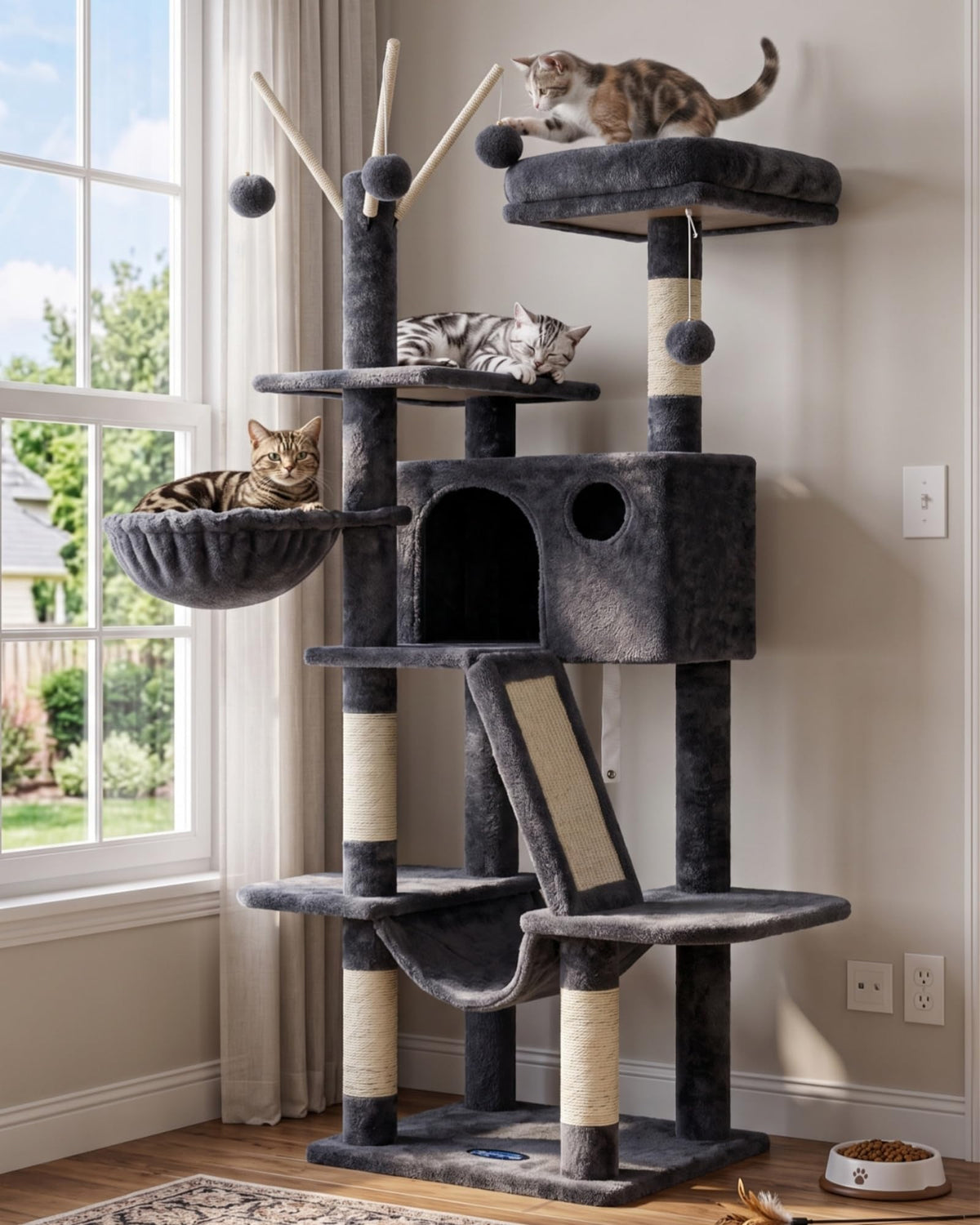 Cat Tree Tower with Padded Platform Bed (53 Inch / Smoky Gray)