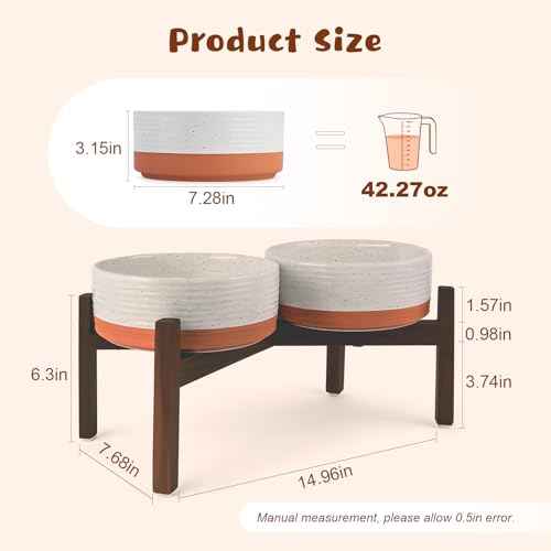 Ceramic Elevated Dog Bowl Set with Acacia Wood Stand for Food and Water for Medium Dog (42.27 Oz / White and Reddish Brown)