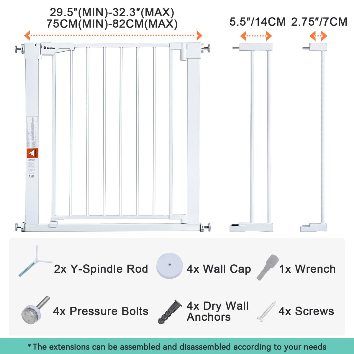 30" Tall Baby Gate for Stairs Doorways (30"Tall 40.5"Wide / White)
