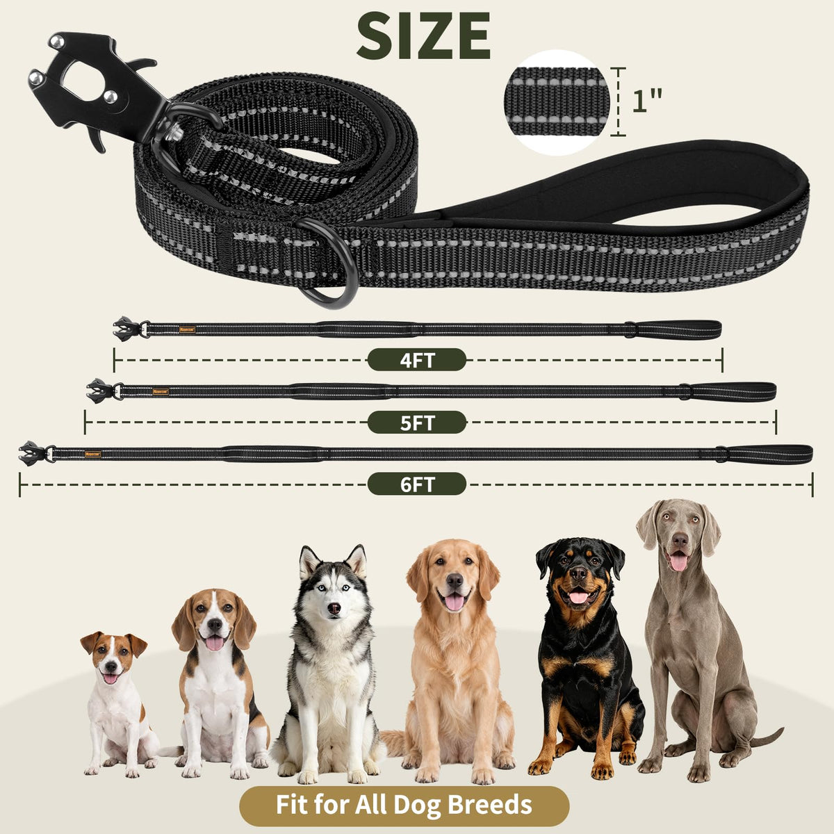 4FT Tactical Heavy Duty Dog Leash No Pull with 2 Padded Handles (Black / 4FT)