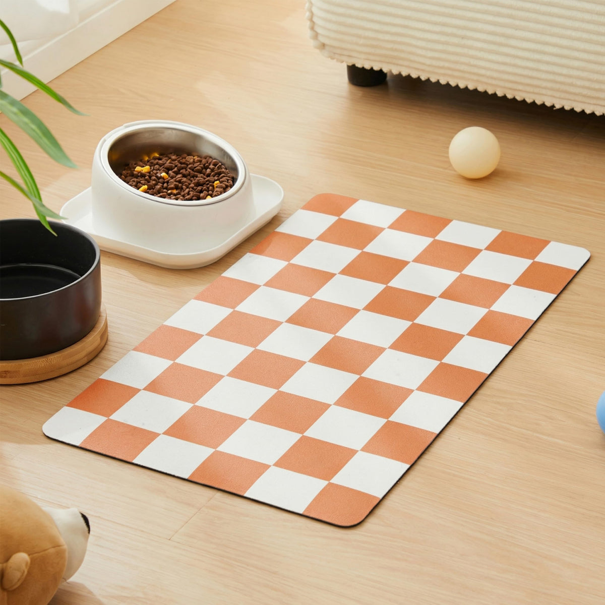 Checkered Dog Feeding Mat (24"L x 16"W / Orange)