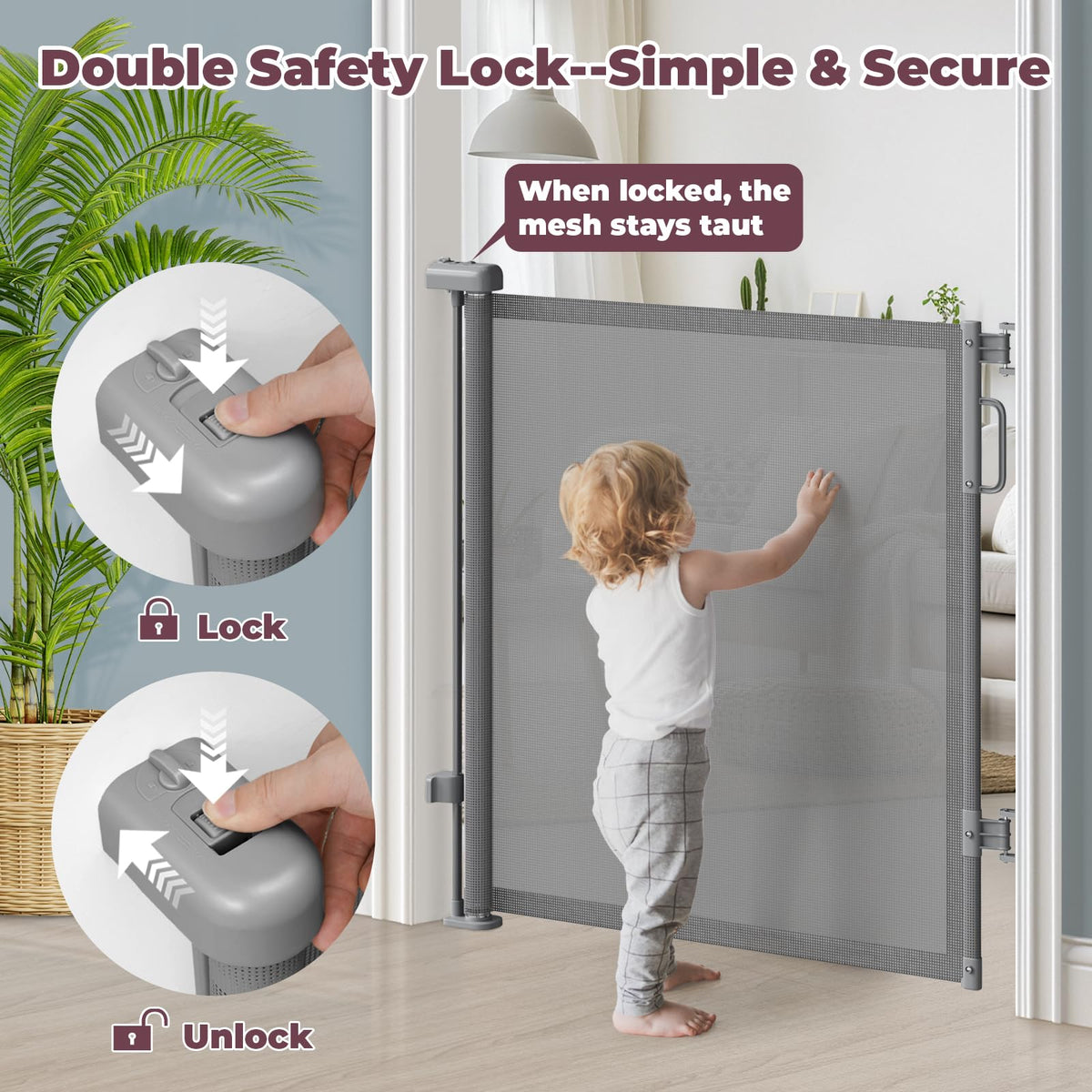 42" Extra Tall Retractable Baby Gates (Gray / 42" Tall x 76" Wide)