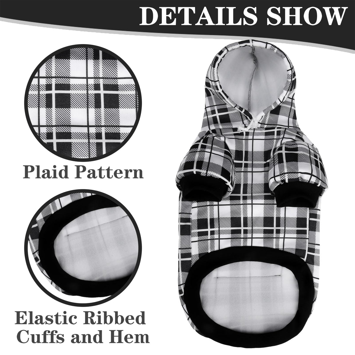 Plaid Dog Hoodie (Black & White / XL-XXLarge)