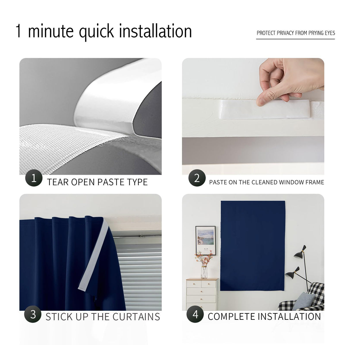 Self Adhesive Portable Blackout Curtains for Bedroom Easy to Install Window Thermal Lnsulated Kitchen Room Darkening Small Window Curtains (47"W x 84"L (Pack of 1) / Navy Blue)