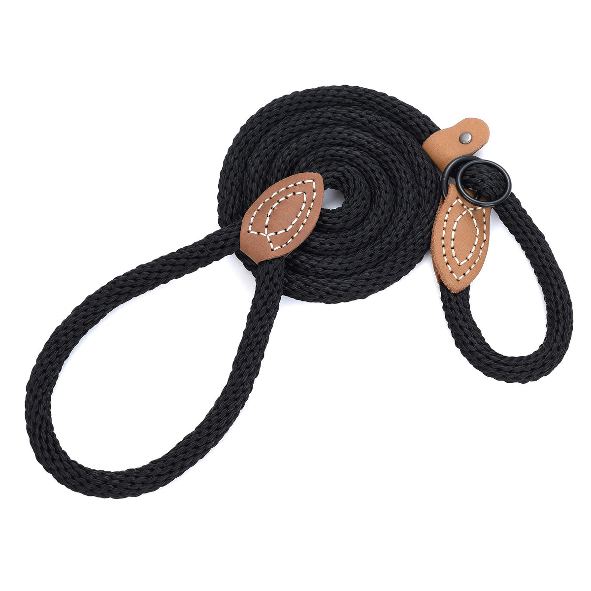 Heavy Duty Slip Lead No Pull Leash w Leather (Jet Black / 5 Feet)