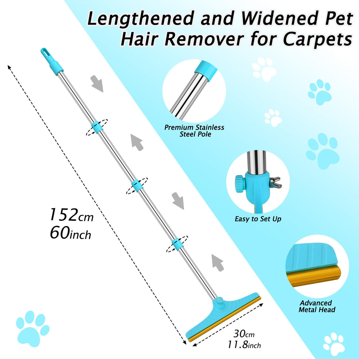 Carpet Rake for Pet Hair Removal Tool (60‘’ / Blue)