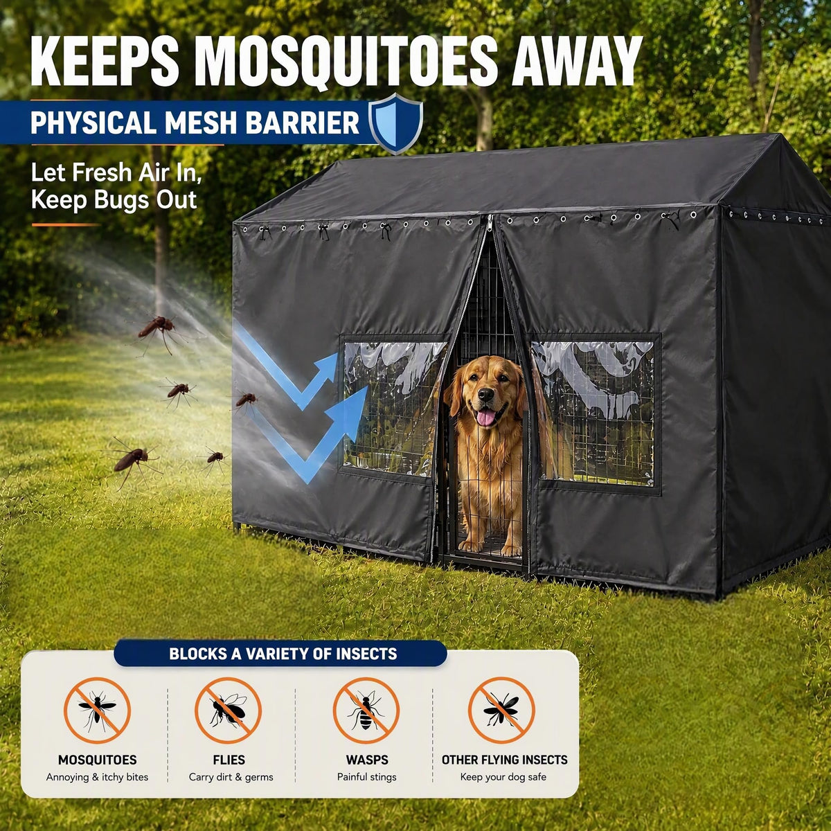 Outdoor Dog Kennel Cover 8x4x6ft with Clear PVC Windows & Roll (8'Dx4'Wx6'H)