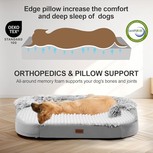 Fluffy Calming Orthopedic Dog Beds for Large & Extra Large Dogs (Grey / 44.0"Lx32.6"Wx7.6"H)