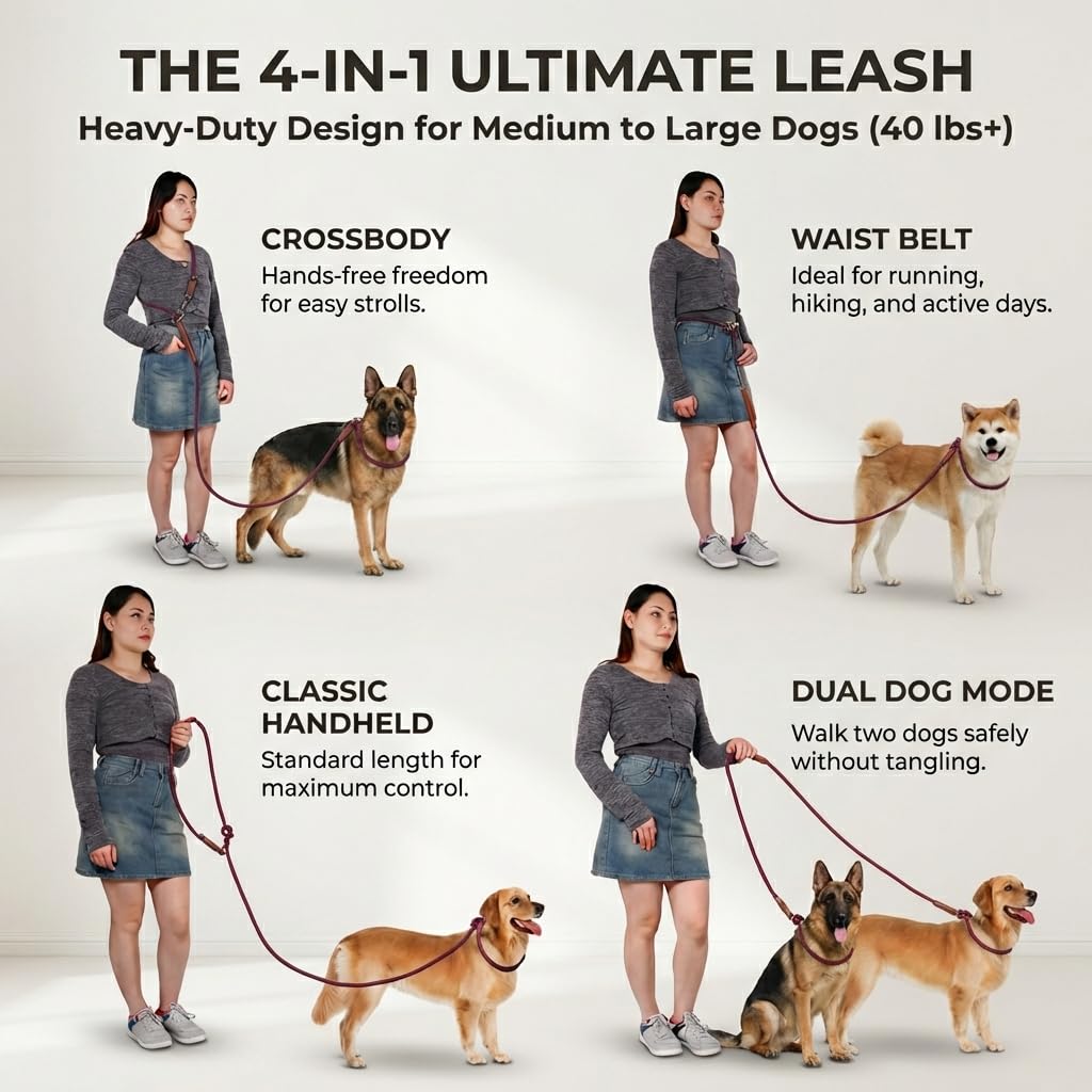 Hands Free Multifunctional Dog Leash for 1 or 2 Dogs (Winery Red)