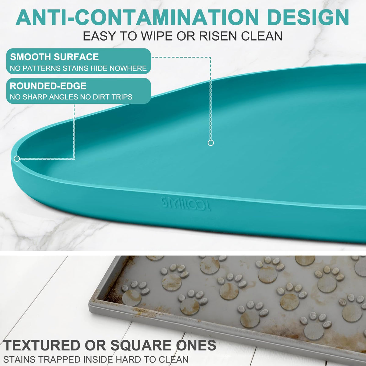 Waterproof Silicone Pet Food Mat with Raised Edge for Dog & Cat (Dark Turquoise / 12"L x 12"W)