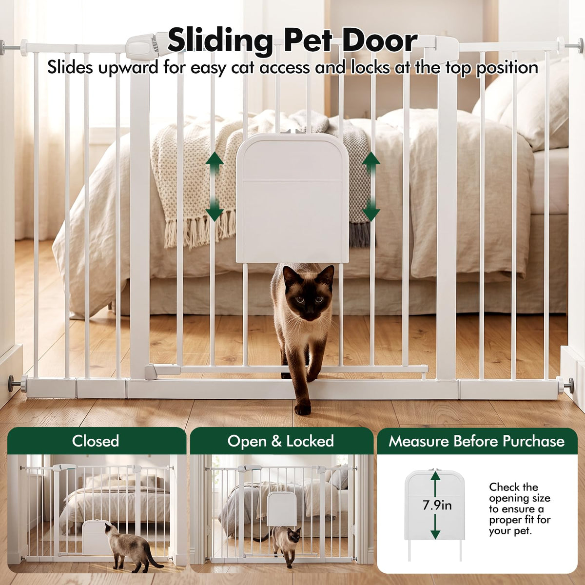 31 46“ Metal Pet Gate with Cat Door (Matte White / 31-46"Wide,30"Tall)