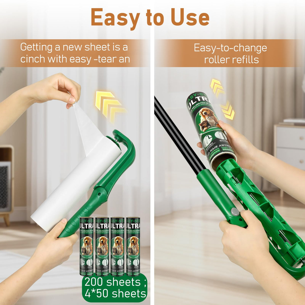 10" Large Lint Roller Refills for Pet Hair Extra Sticky (Green / 4 Pack)