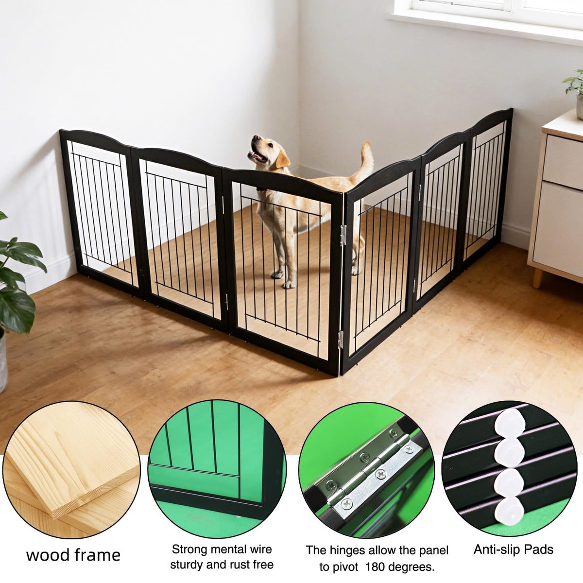 Freestanding Foldable Dog Gate for House Extra Wide Wooden Black Indoor Puppy Gate Stairs Dog Gates Doorways Tall Pet Gate 6 Panels Fence (Black / 【6 Panels】120''w x 32''h)