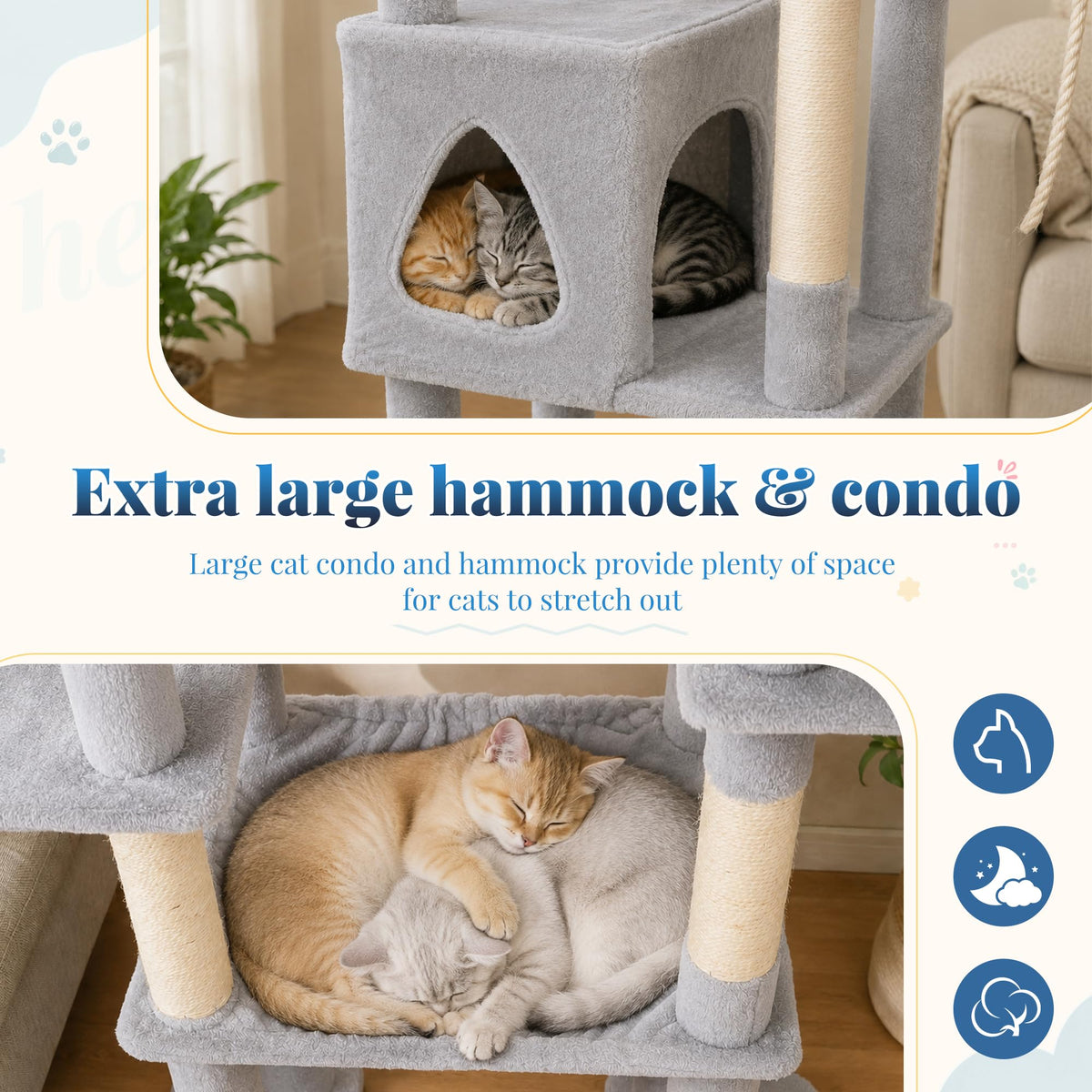 Cat Tree Tower with Stable Extended Base (Light Gray / 71.9 Inches)