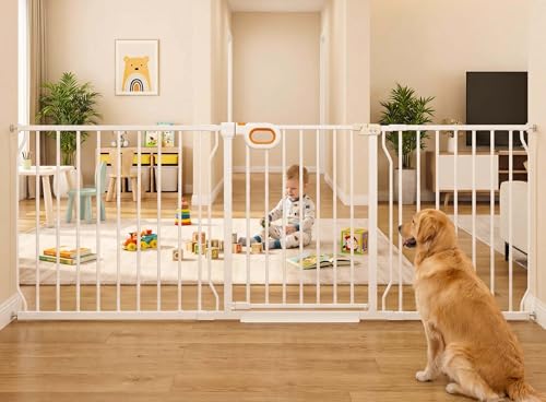 71.6 76.4 Inch Extra Wide Baby Gate with Door for Stairs Doorways (White / 71.6-76.4inch)