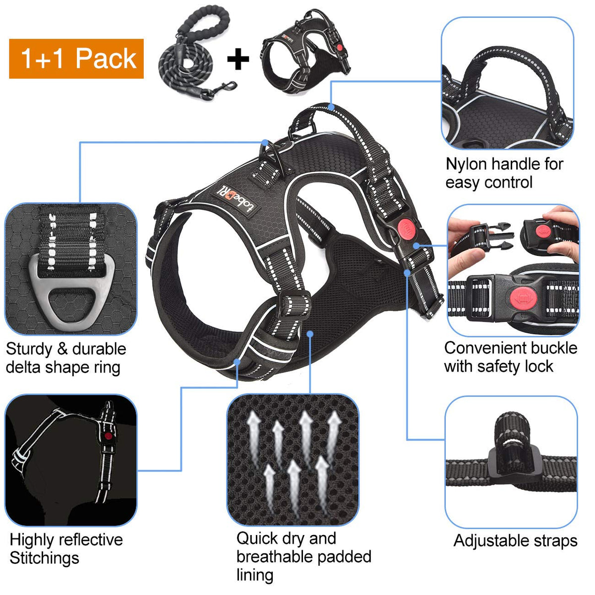 No Pull Dog Harness Adjustable Reflective Oxford Easy Control Medium Large Dog Harness with A Free Heavy Duty 5ft Dog Leash (Black / Small)