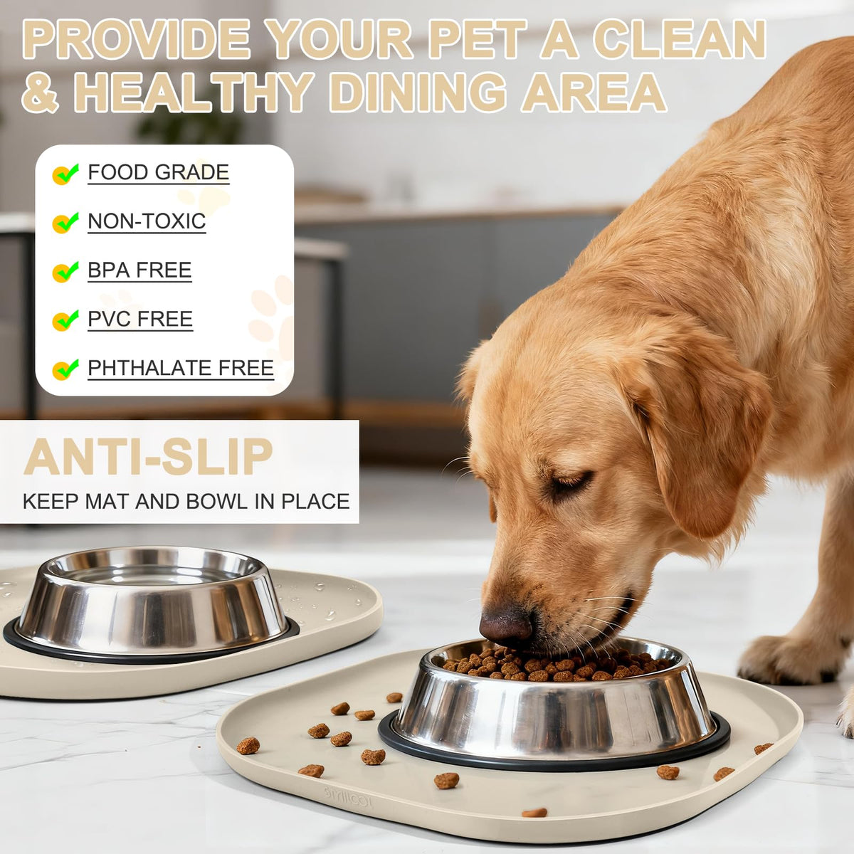 Waterproof Silicone Pet Food Mat with Raised Edge for Dog & Cat (12"L x 12"W / Beige)