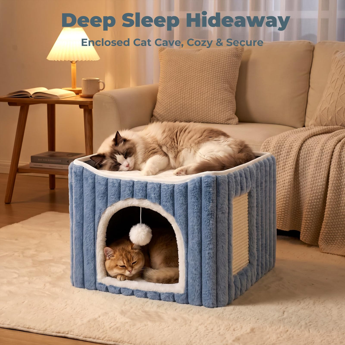 3-in-1 Cat Cave Bed for Indoor Cats with Scratch Pad (Blue)