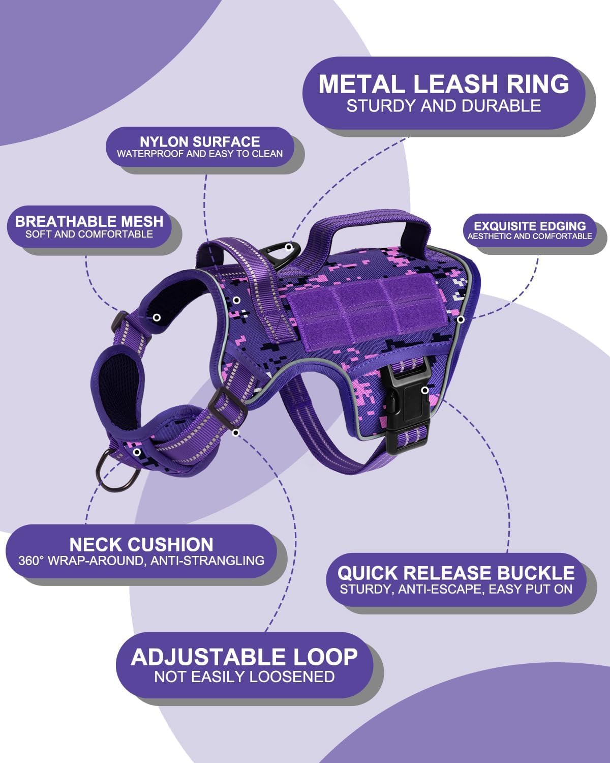 Dog Harness Tactical No Pull for Small Sized Dog with Handle (Purple Camo / S(Neck:16-22",Chest:20-28"),18-35 lbs)