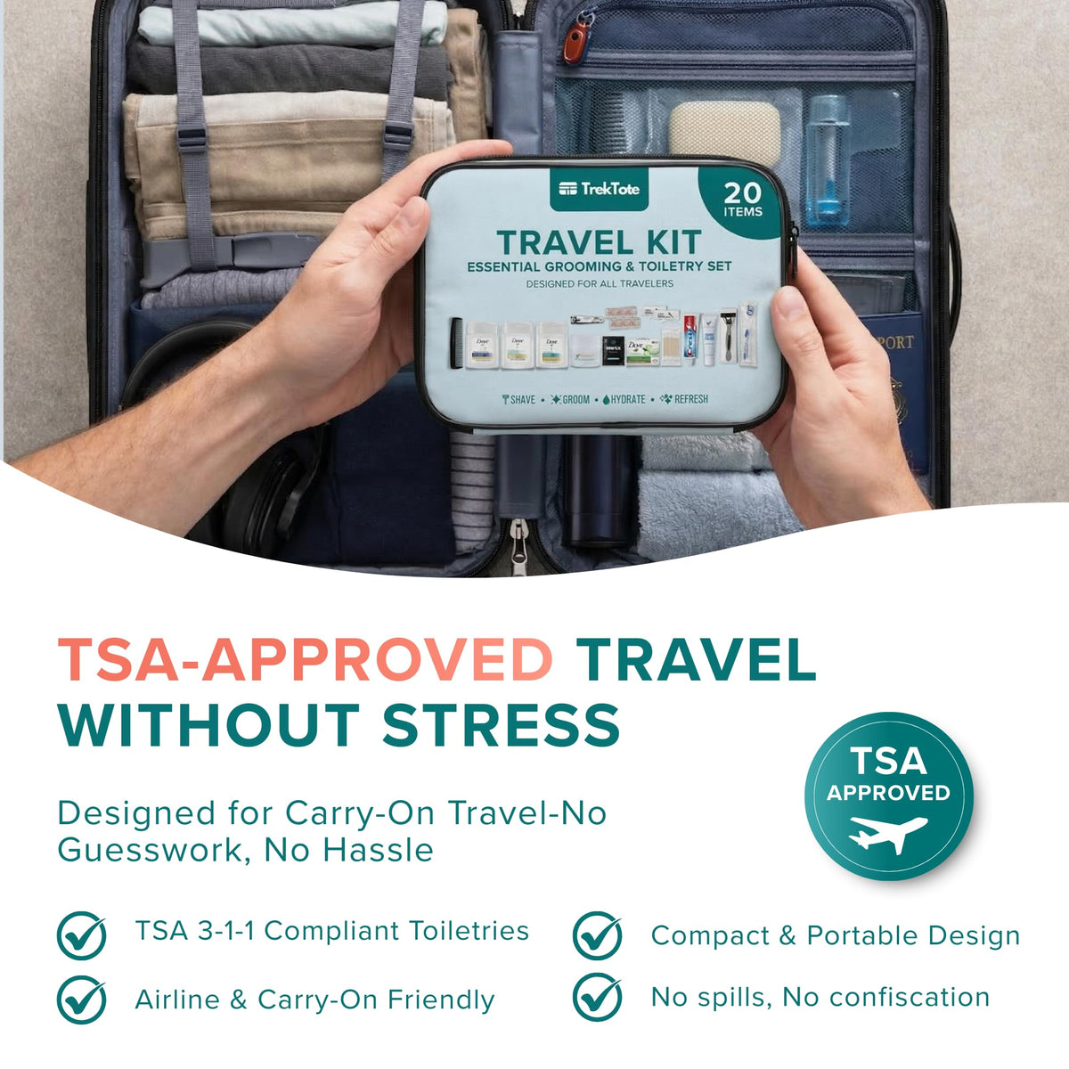 Travel Essentials Hygiene Kit Premium Name Brand TSA Approved Toiletry Bag (1 Pack)