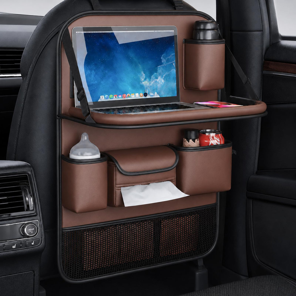 2 Pack Leather Car Backseat Organizer with Foldable Table Tray (Brown)