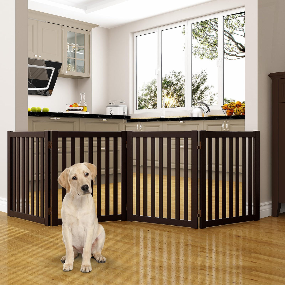 Freestanding Pet Gate 4 Panel Wooden Step Over Dog Gate (Espresso / 4 Panel 80" Wide)