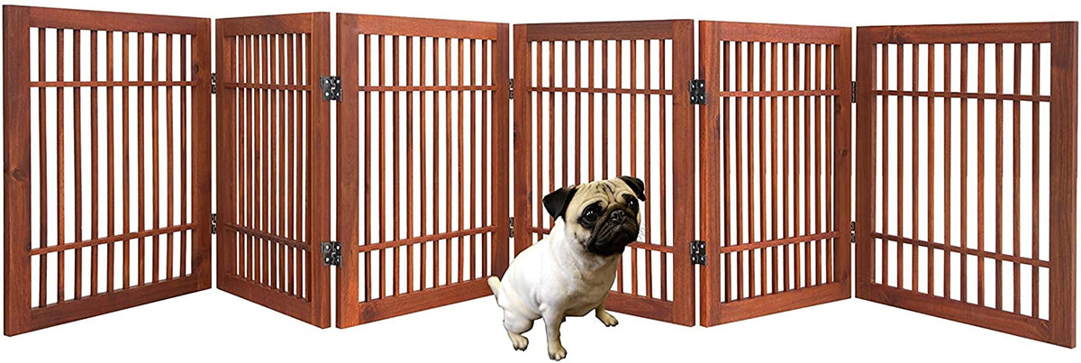 Freestanding Wooden Dog Gate Foldable Indoor Pet Gate No Drill Expandable Barrier for Doorways Stairs Hallways Portable Wood Fence for Small Dogs & Puppies (6 Panel 24" Tall / Brown Pet Gate)