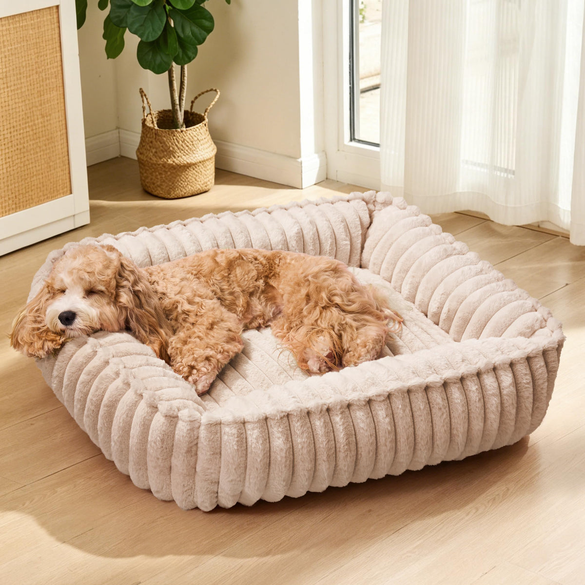 Medium Dog Bed Calming Cat Bed for Indoor Cats 24’’x20’’ Khaki (Khaki / 24"L x 20"W x 6"Th)
