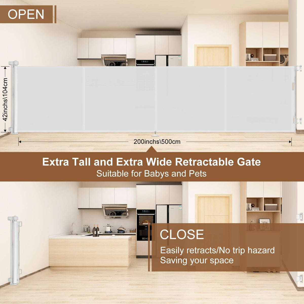 200 inch Reinforced Retractable Baby Gates 42 inch Tall (White / 42" Tall x 200" Wide)