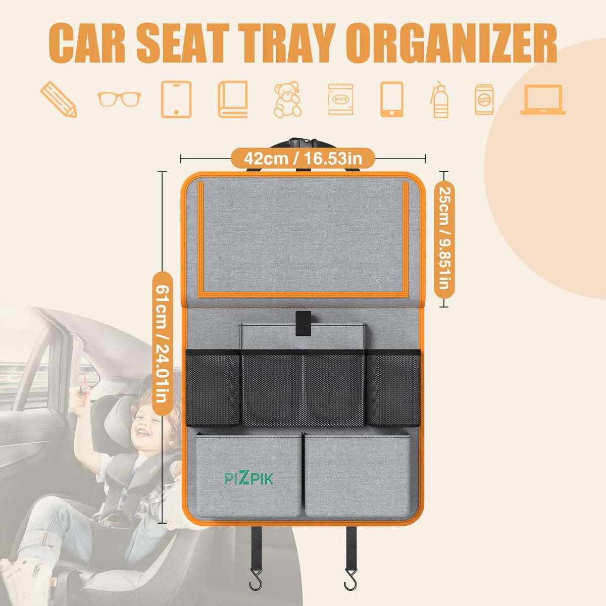 Car Backseat Organizer with Tablet Holder (Orange / 1pack)